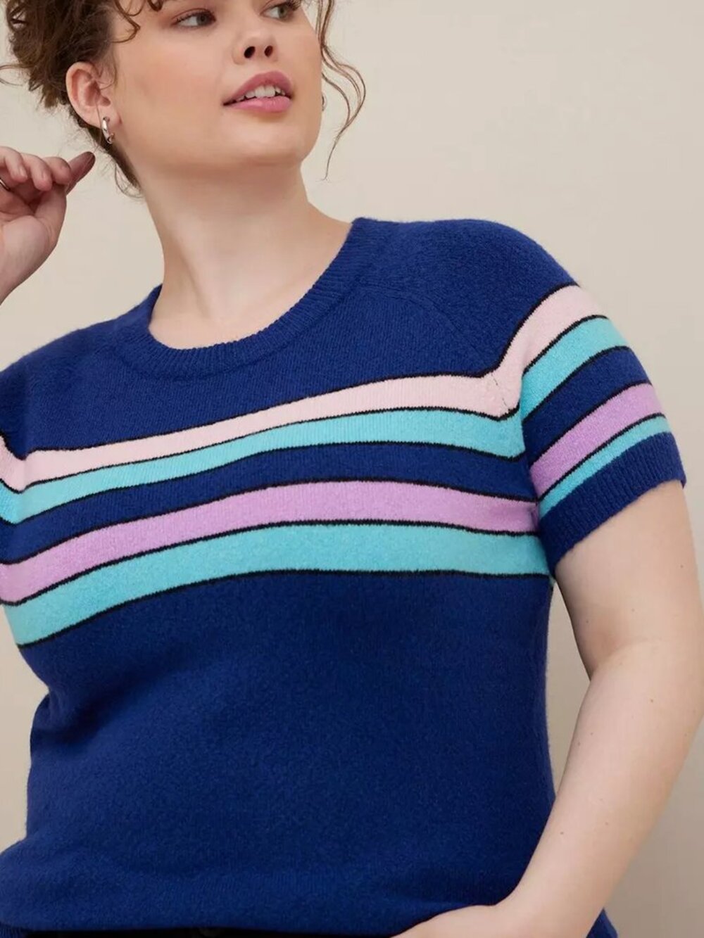 TORRID 0 Plus Size Vegan Cashmere Pullover Short Sleeve Sweater Blue Striped Y2K